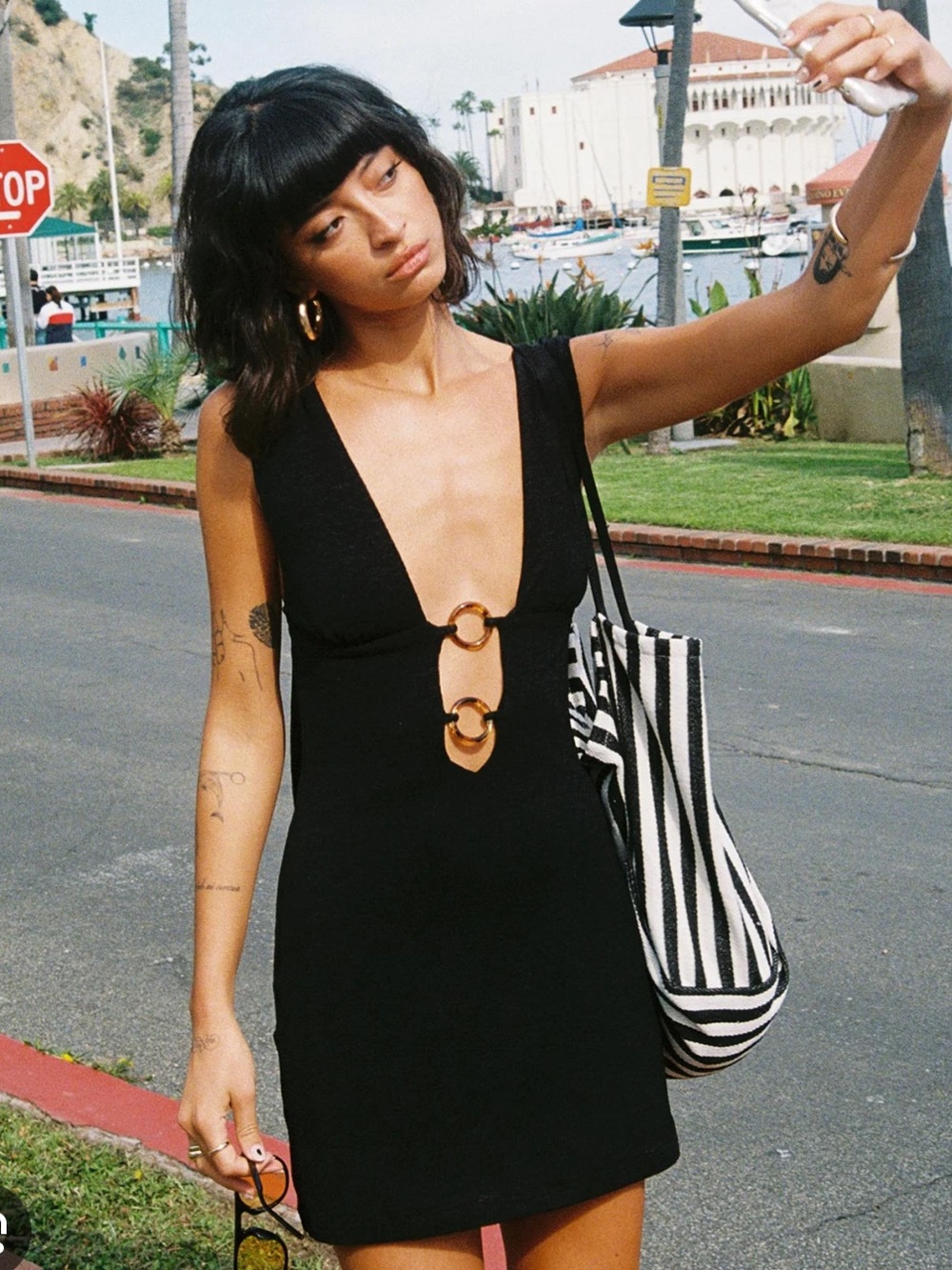 Princess Polly Black Steward Halter Black Mini Dress with Tortoise Rings